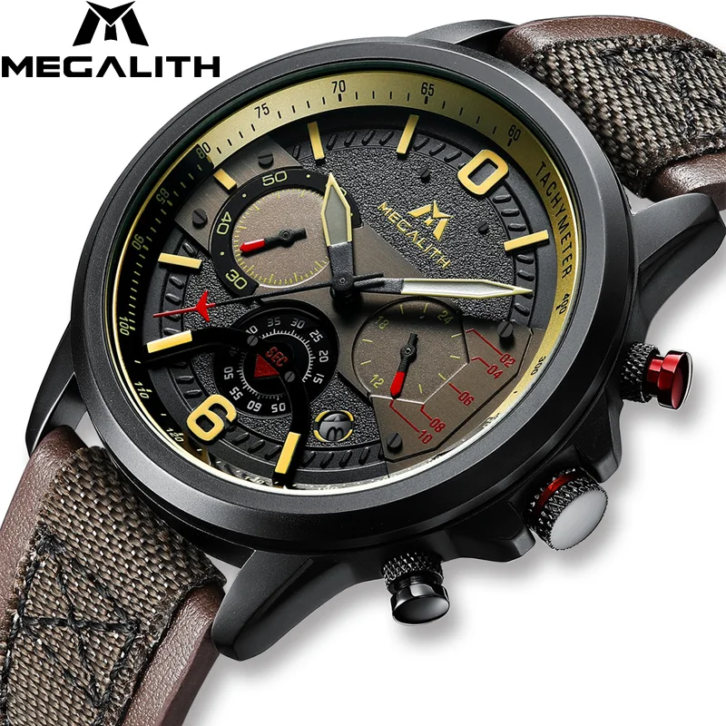 

MEGALITH Montre Homme 2019 Men Watch Quartz Watch Brown Leather Band Miliary Watch For Men Top Brand Waterproof Clock 8083