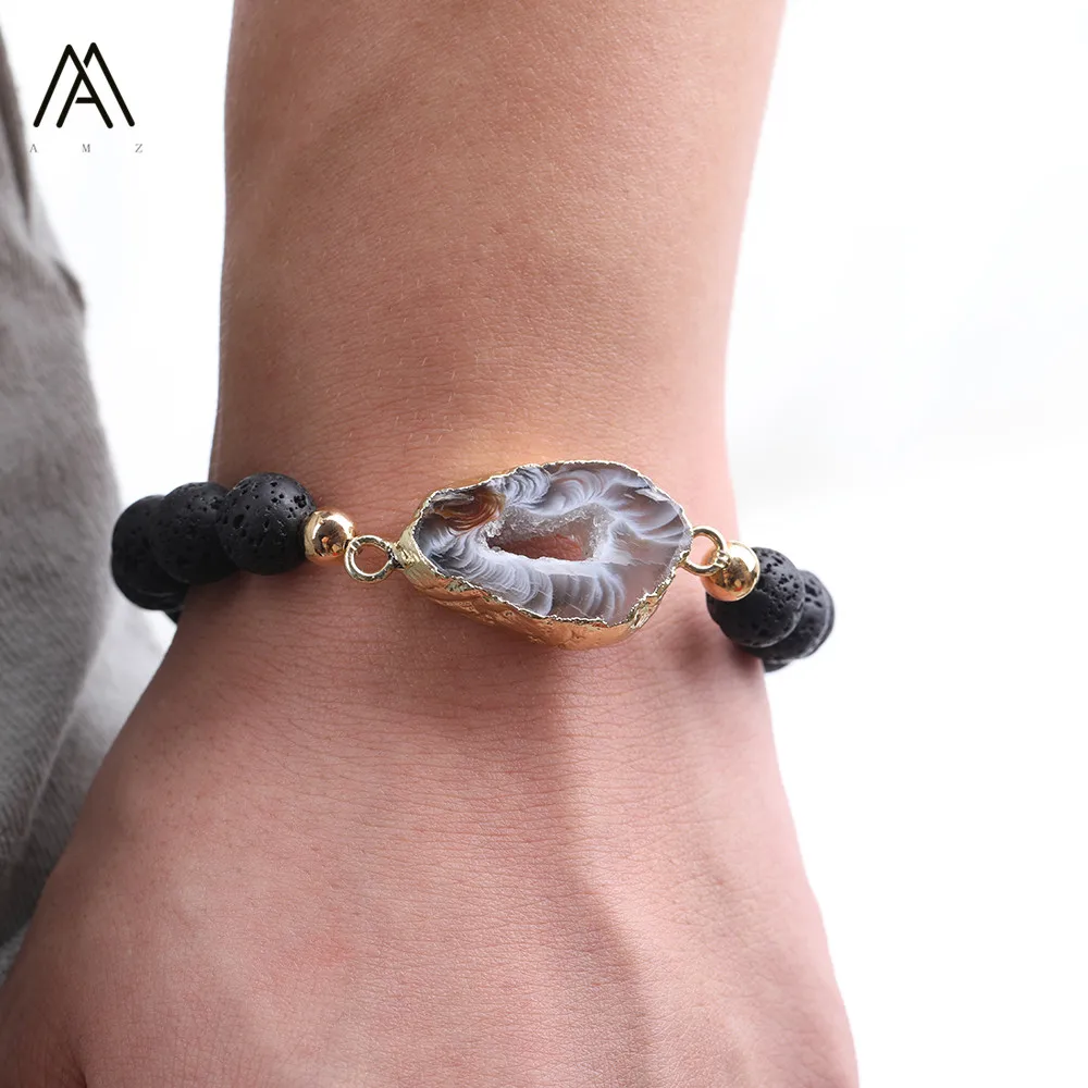 Boho Druzy наскальный Агат Камень эластичный браслет, Amazon Stone Круглые бусины кулон браслет ювелирные изделия Для женщин Крафтовая Подарочная N0034AMAB