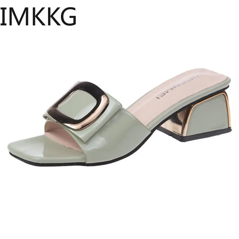 2020 new Summer Woman Female Metal Buckle Square High Heels Patent Leather Beach Shoes Slippers | Обувь