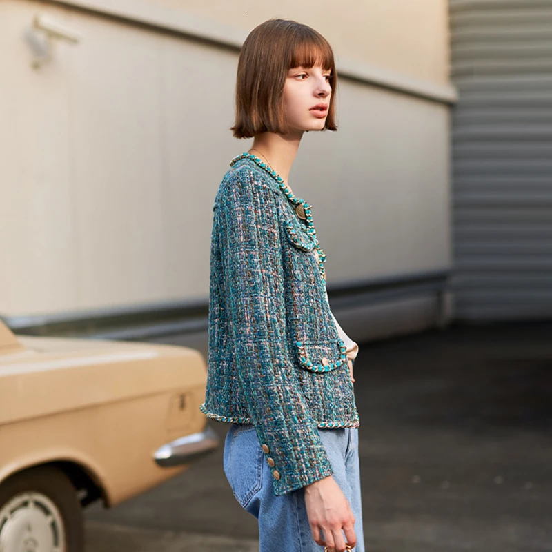 TWOTWINSYLE Knitting Tweed Coats For Women O Neck Long Sleeve Hit Color Open Stitch Autumn Winter Jacket Female Fashion New