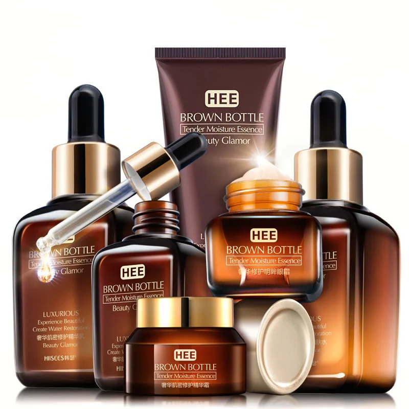 Set per la cura della pelle piccola bottiglia marrone Toner per il viso essenza crema per gli occhi lozione siero retinolo anti-età detergente per il viso Kit di cosmetici Q