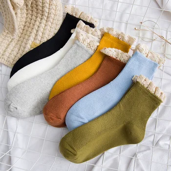 

1 Pair Women Socks Autumn New Fashion Lace Socks Cotton Solid Color Cute Women Fashion Lady Long Socks