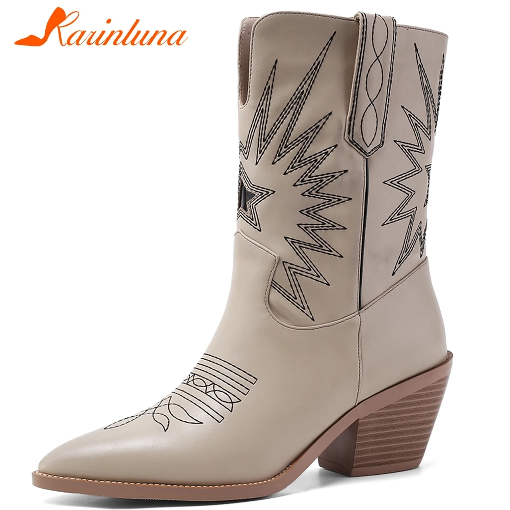 

Karinluna 2020 Plus Size 46 New Fashion Add Fur Warm Winter Shoes Woman Boots Pointed Toe Slip On Mid Calf Boots Women Shoes