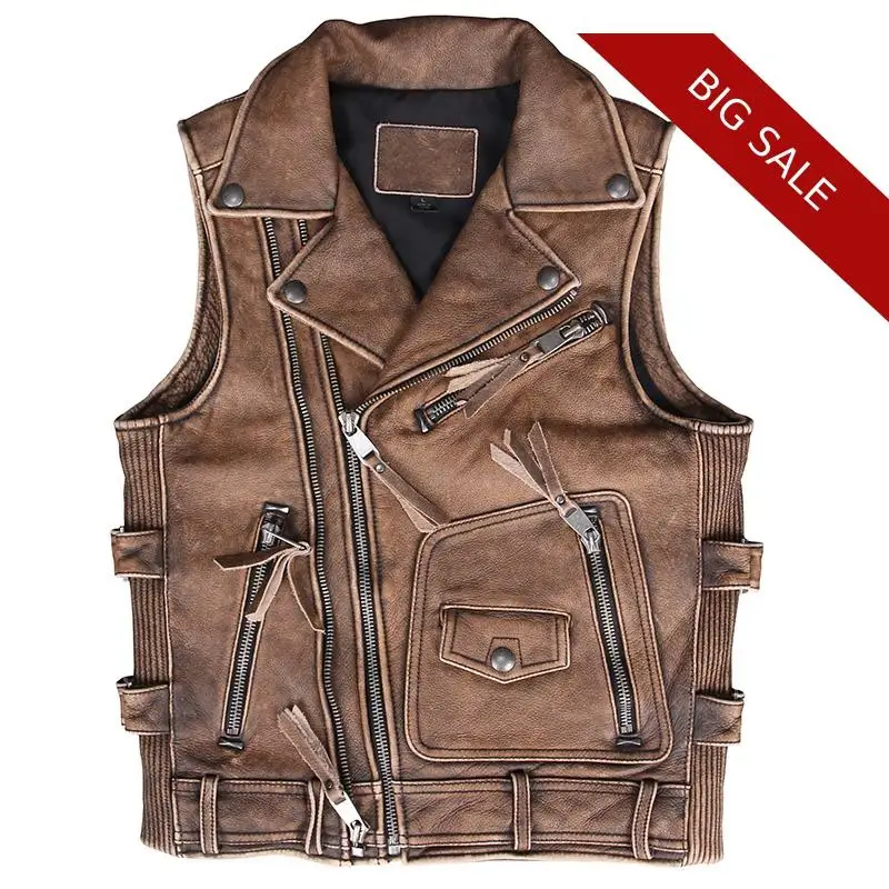 

2019 Vintage Brown Men Slim Fit American Style Motorcycle Leather Vest Large Size 6XL Genuine Cowhide Autumn Biker Leather Coat