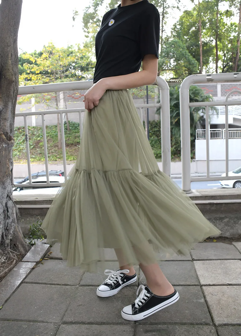 Pure color splicing net gauze puffy skirt new style women's small fresh and big swing gauze skirt women Skirts