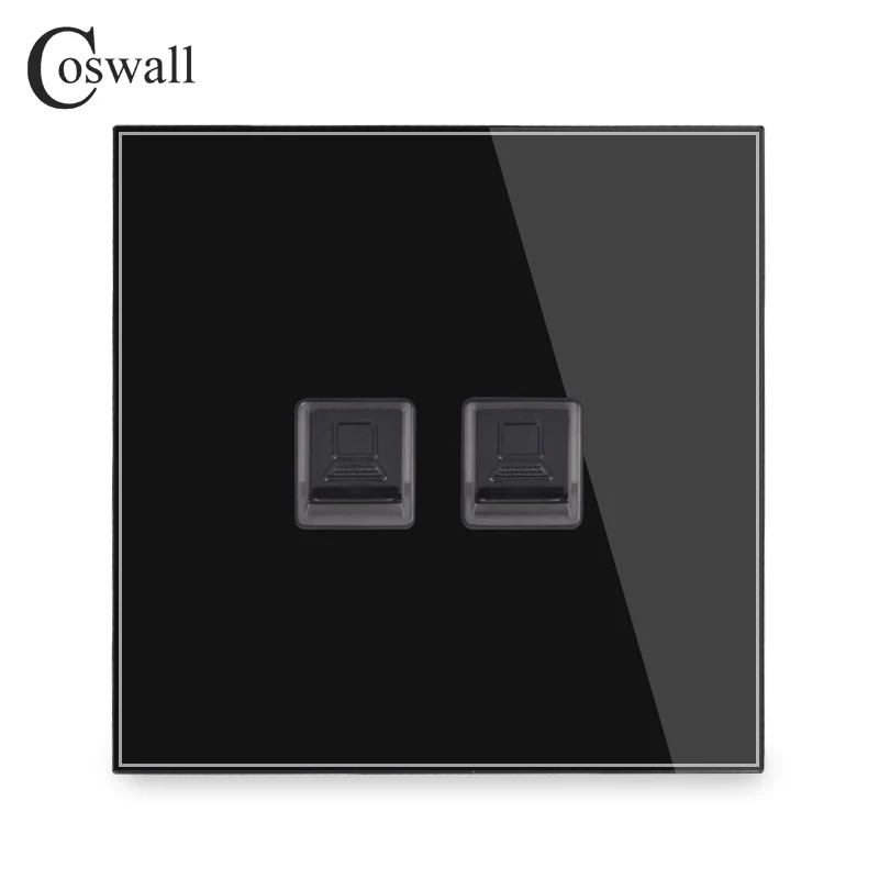 Black Coswall Кристалл Закаленное стекло панель 2 банды RJ45 CAT5E интернет-Джек Розетка для передачи данных компьютерная розетка Белый Черный Серый Золотой - Тип: Black