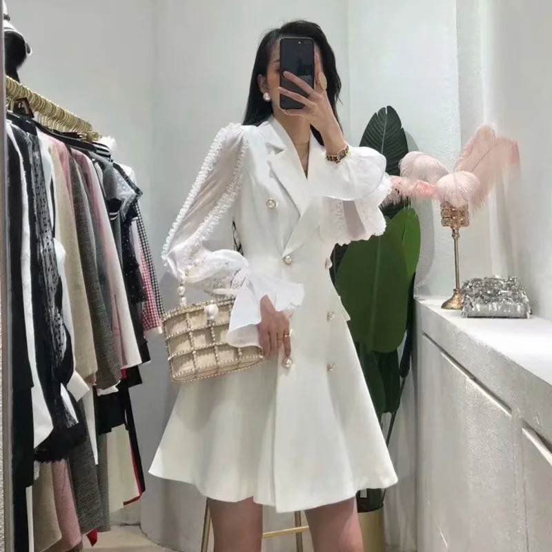[EWQ] 2020 Spring Autumn New Lady ElegantLantern Sleeve Women Blazer Dresses Trendy Double Breasted Ladies White Party Dress | Женская