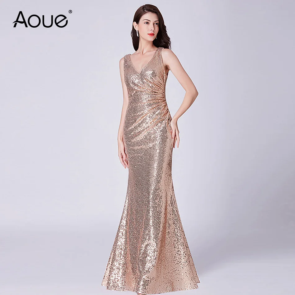 

Aoue Formal Evening Dresses V Neck Long Silver Rose Gold Sequin Wedding-Guest Party 2019 Maxi Evening Gown Dress