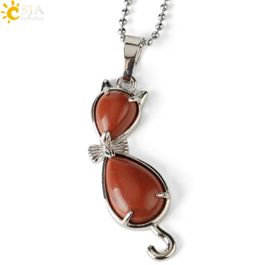 Red Jasper Chain CSJA натуральный камень кошка животное кулон в форме капли воды Исцеление розовый с кварцевым тигровым глазом фиолетовый кристалл прекрасные ожерелья для женщин девочек G305 - Окраска металла: Red Jasper Chain