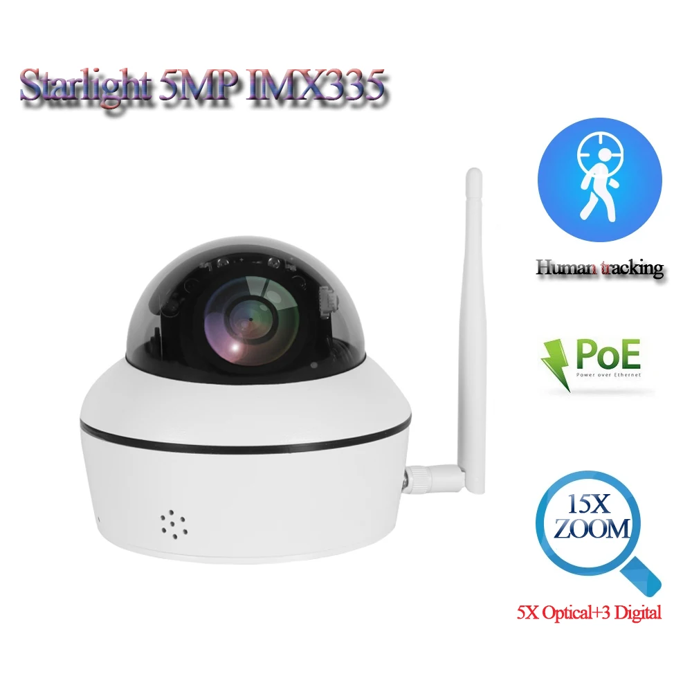  IMX335 센서 스타라이트 5 배 줌 와이파이 IP 미니 PTZ 카메라, POE 비디오 감시 보안 시스템, IP66 방수 Camhi, 5MP