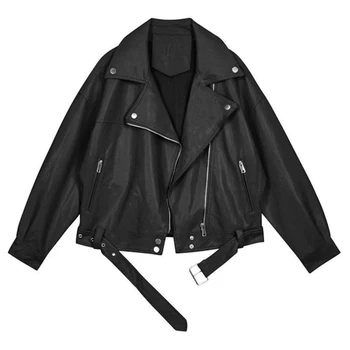 

Women Long Sleeve PU Faux Leather Loose Short Jackets Female Zippers Turn Down Collar Motorcycle Biker Coats Streetwear