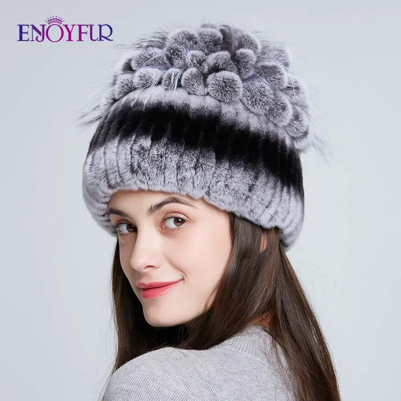 ENJOYFUR зимние шапки из меха кролика Рекс, на толстой подошве, женская теплая Cap top вязаная Цветочная форма русский женская меховая шапка - Цвет: 021J