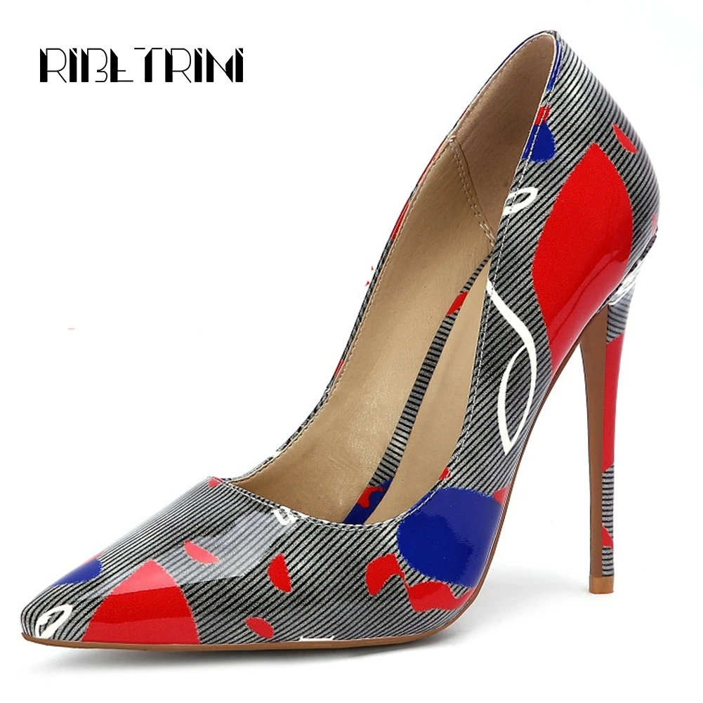 

RIBETRINI Brand Print Customized Version Heels 8/10/ 12 Cm Pointed Toe Fake Leather Shoes Luxury Pumps Women Plus Size 34-45