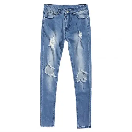 Light Blue Модные мужские рваные джинсы облегающий с заниженной талией джинсовые длинные брюки облегающие брюки - Color: Light Blue