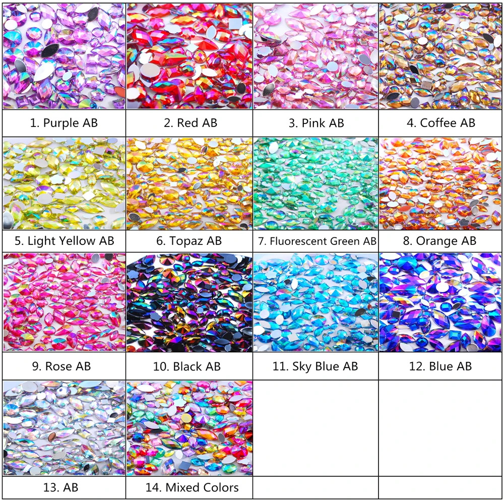 Sky Blue Glitter AB Nail Art Crystal Rhinestones - 300Pcs Mixed Shape Flat Back 3D Decoration Stones