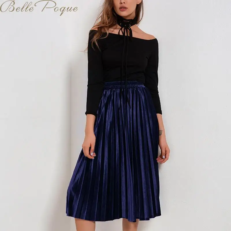 Belle Poque, новинка, плиссированная юбка миди, высокая талия, Elascity,, Женская длинная Серебряная Повседневная, вечерние, винтажная юбка
