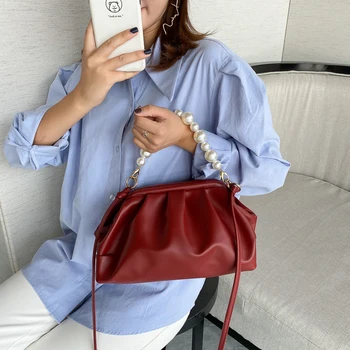 

Luxury 2020 new pearl chain ladies compact solid color Pu leather messenger bag ladies shoulder bag travel white handbag