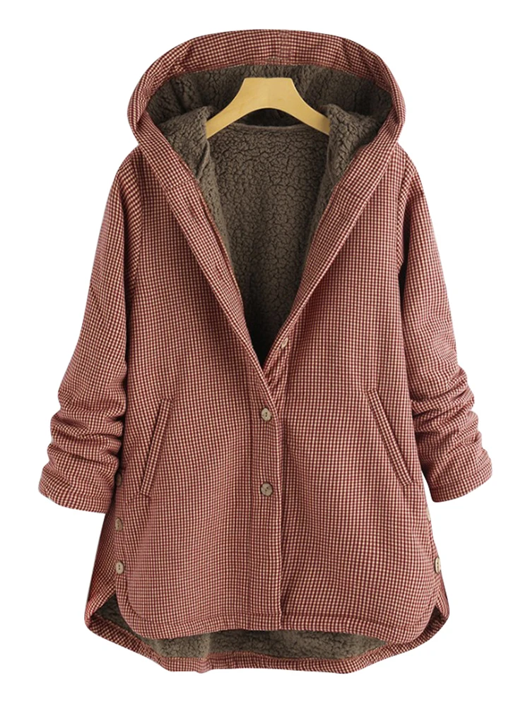 Wipalo Женская куртка с капюшоном в клетку, парка на кнопках с карманами, верхняя одежда, пальто, плюс сайз, большой размер, осень зима, короткий плащ - Цвет: Red