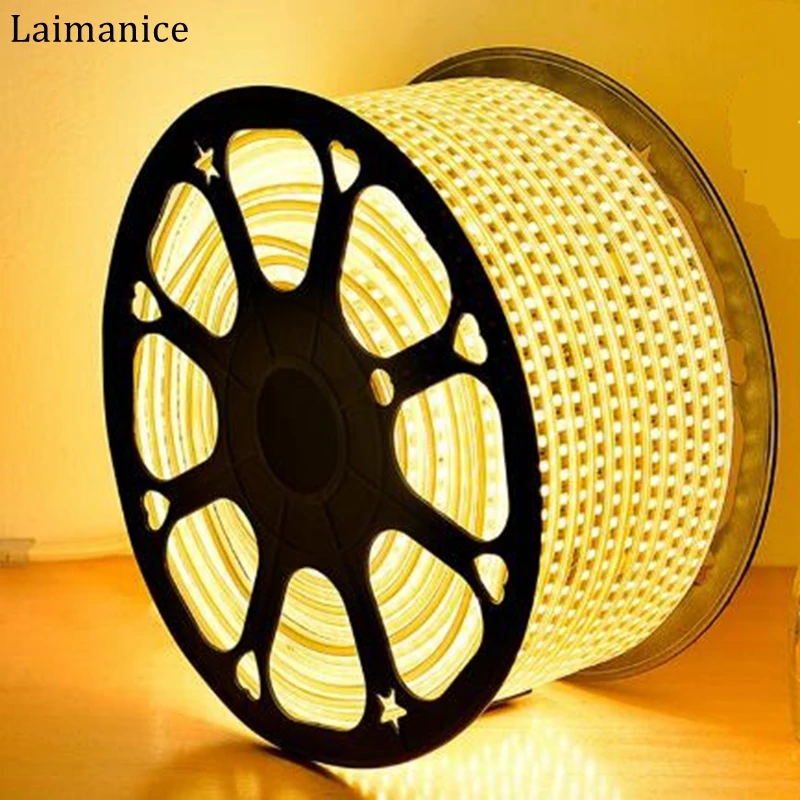 Laimanice 100 м/roll 220 V Светодиодные ленты 2835 120 светодиодный s/m IP67 Водонепроницаемый ЕС Plug Свет Строка лента ярче, чем 3528 5630 DHL Бесплатная