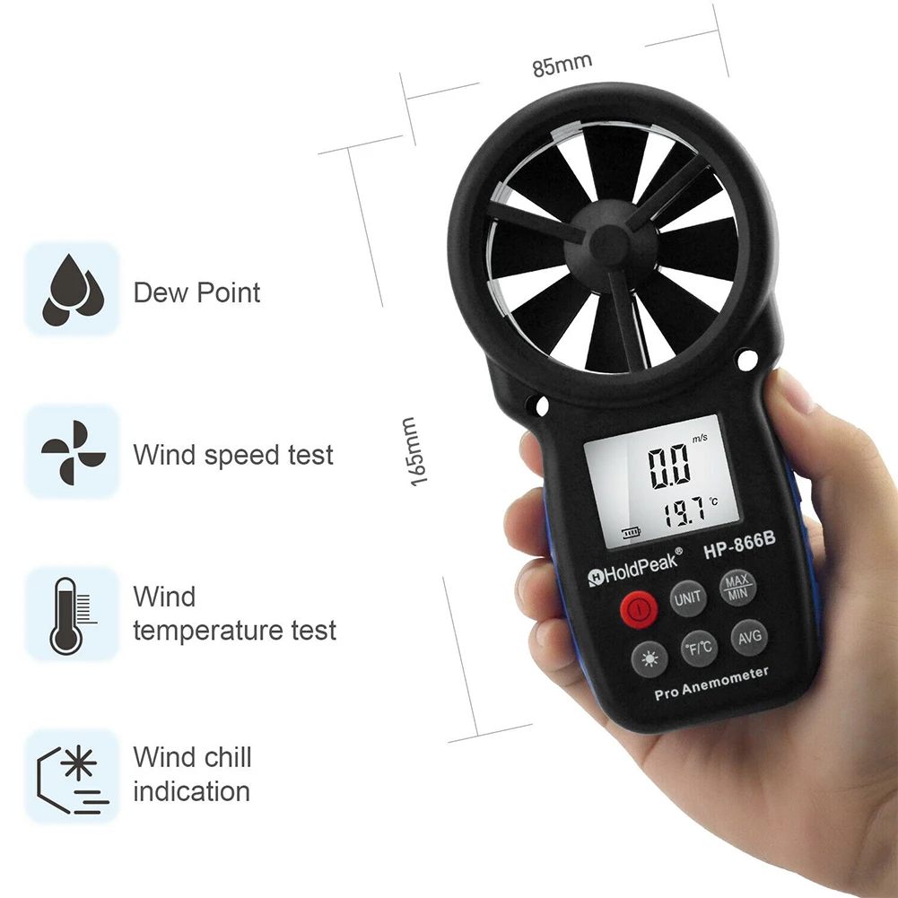 866B Multifunctional Lanyard Anemometer Measurement LCD Display Temperature Tester Gauge Thermometer Digital Backlight Mini