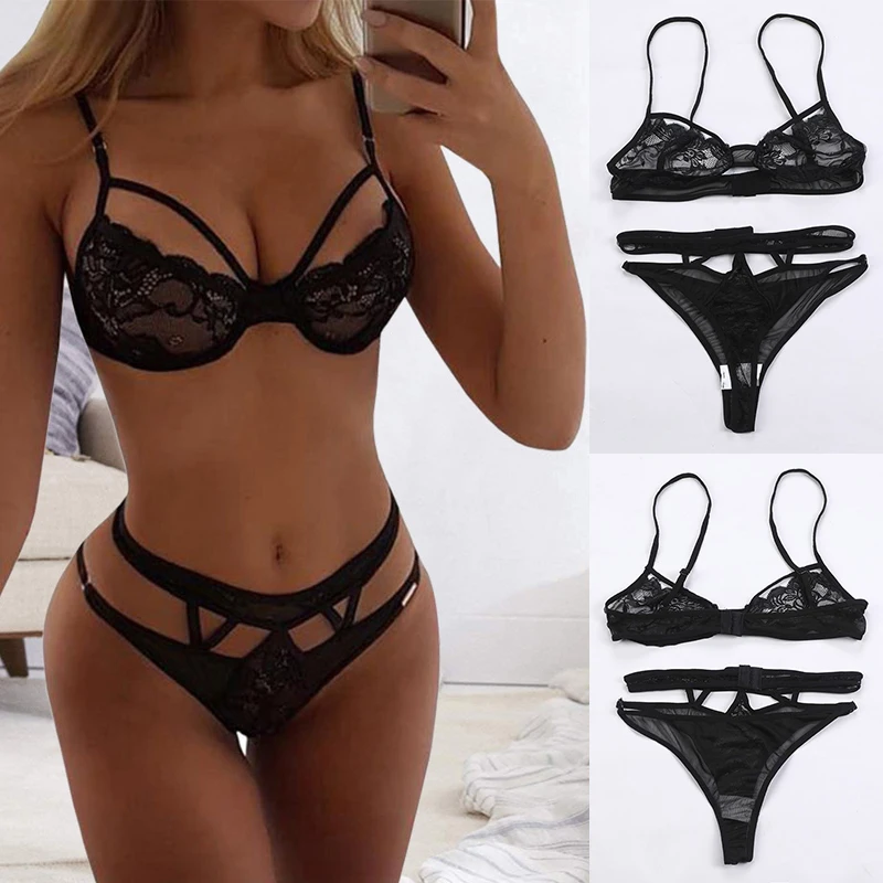 Women Sexy Hollow Underwear Set Lace See Through Pajamas Push Up Bra And Panty Set Sexy Bandage Three-Point Bikini Lingerie Sets lace bra set