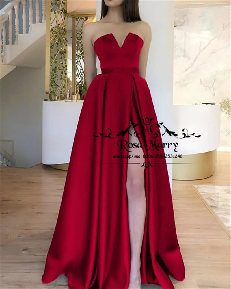 Sexy Rode Goedkope Plus Size Prom Jurken 2020 EEN Lijn Eenvoudige Lange Satijn Hoge Split Meisjes Formele Avond Christmas Party jassen Sexy Rode Goedkope Plus Size Prom Jurken 2020 EEN Lijn Eenvoudige Lange Satijn Hoge Split Meisjes Formele Avond Christmas Party jassen