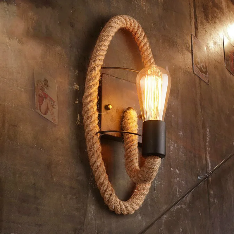 

American Retro Round Rope Hemp Rope Wall Light Aisle Balcony Stairs Bar Coffee Shop Wand lamp Iron Art Wall Lamp WJ121926