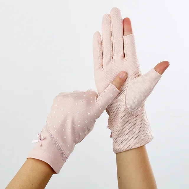Summer Short Fingerless Anti Skid Cycling Sunscreen Glove Women Cotton Dot Bow Thin Breathable UV Touch Screen Driving Miten J79 5