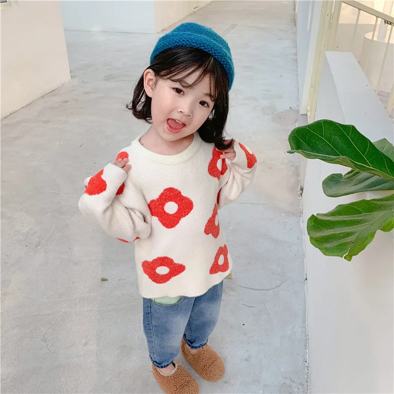 Свитер для маленьких девочек 2, 3, 4, 5, 6, 7 лет, вязаная детская верхняя одежда с цветочным принтом в Корейском стиле, высококачественный пуловер, Свитера для маленьких девочек