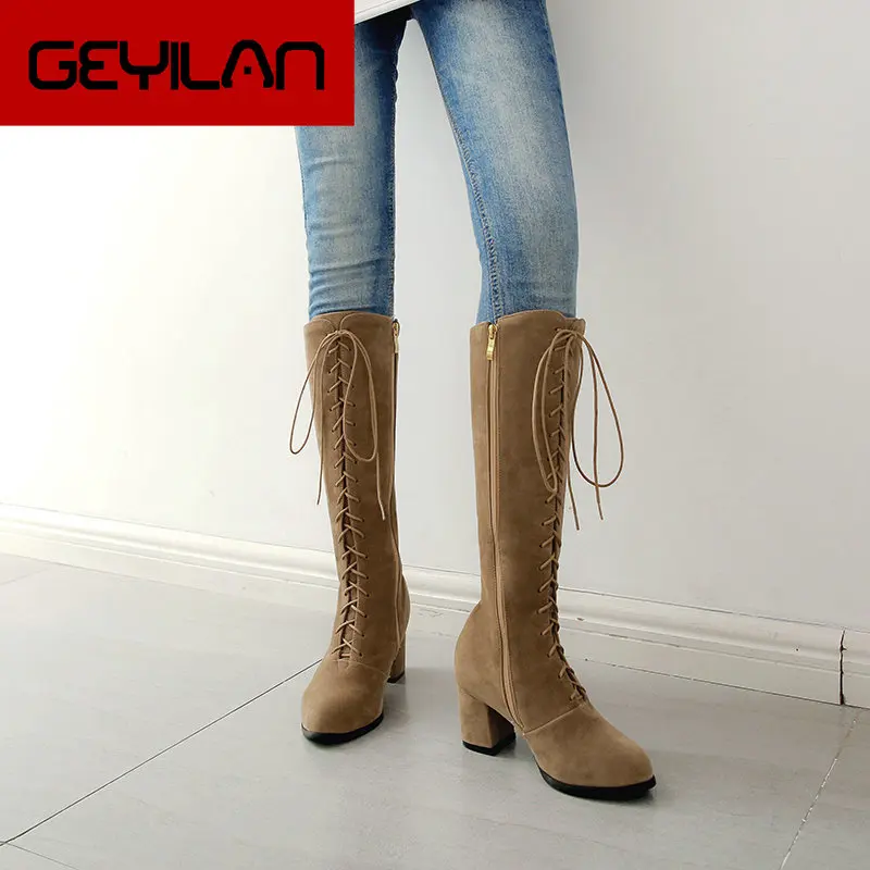 

Women Boots Flock Leather Thick High Heel Knee High Boots Side Zipper Round Toe Autumn Winter Woman Shoes Black Brown
