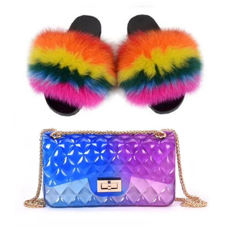Набор тапочек с натуральным лисьим мехом для женщин и женские сандалии с мехом цвета радуги яркие прозрачные сумочки и сумочки в комплекте женская меховая обувь - Цвет: sets
