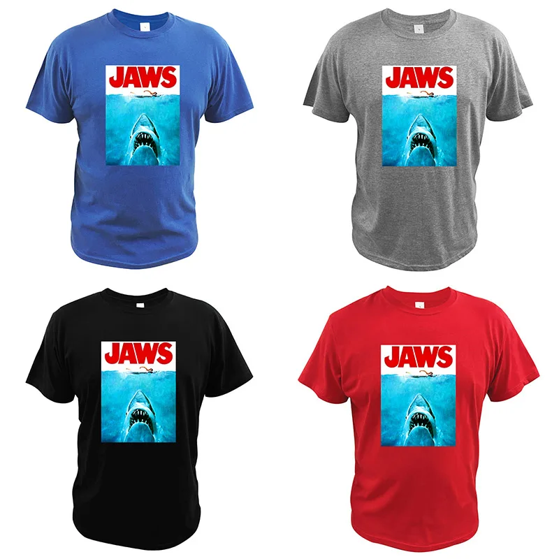 Футболка Jaws, Постер из фильма, хлопок, европейский размер, Ретро стиль, повседневная, крутая, мужская, высокое качество, футболка с принтом акулы