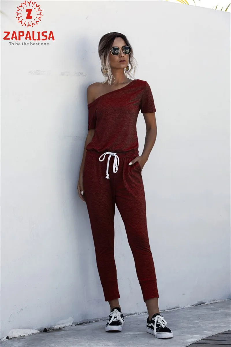 Fashion Women Summer Solid Color Jumpsuits Drawstring Design Pockets Decor Oblique Collar Short Sleeve Mid Waist Slim Jumpsuits 4