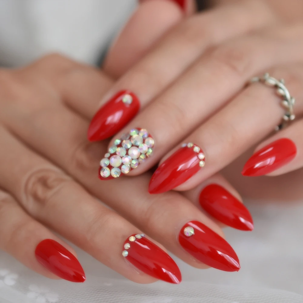 Sharp Stiletto Medium Short Pure Red Fake Diamond Rhinestones Reuseable Pre  Design Detachable Wholesale Flase Fingernails EchiQ|False Nails| -  AliExpress