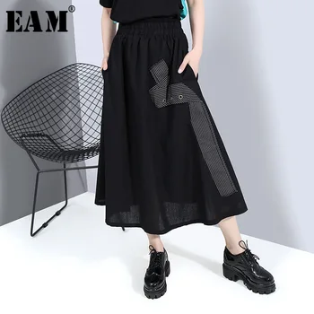 

[EAM] High Elastic Waist Black Striped Pocket Split Leisure Half-body Skirt Women Fashion Tide New Spring Autumn 2020 1W725