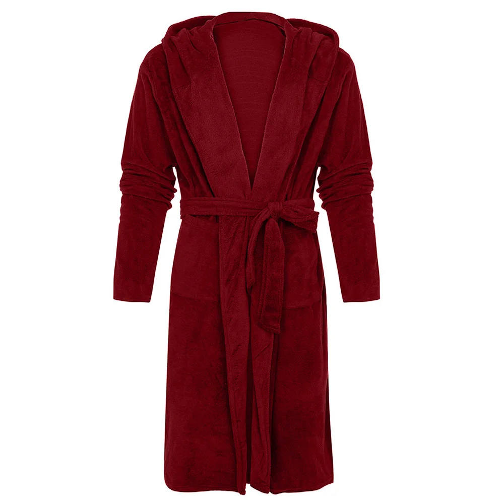 Wine Red Женское кимоно, купальные халаты с капюшоном, теплый толстый женский халат с поясом, фланелевый Халат, ночная рубашка, зимнее домашнее банное платье для пары, ночная рубашка - Цвет: Wine Red