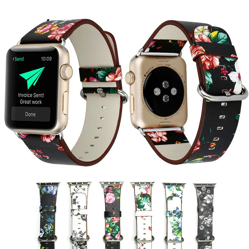 Apple watch кожаная лента с принтом 4 серия 44 мм 42 мм кожаный браслет серии 2 1 40 38 мм ремешки для часов iwatch iphone аксессуары