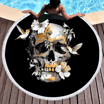 

Flower And Bird Skull Round Beach Towel Microfiber Travel Picnic Blanket Cloth Dark Yoga Matt 3D Print Home Decor Shower Bath