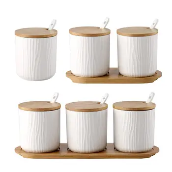 

Ceramic Condiments Jar Kitchen Household Seasoning Box Wooden Tray Spice Jar Soy Sauce Pot Salt Sugar Single Can With Lid