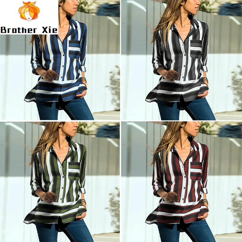 

Women Blouses 2020 Fashion Chiffon Blouse Long Sleeve Turn Down Collar Office Striped Shirt Plus Size Loose Tops Chemisier Femme