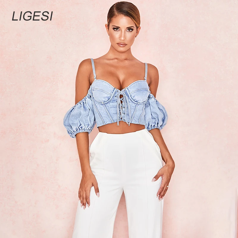

Denim Sexy Bandage Crop Top Women Fashion Blue Jeans Puff Sleeve Camisole Tee Cowboy Tank Top Streetwear Bustier Tops