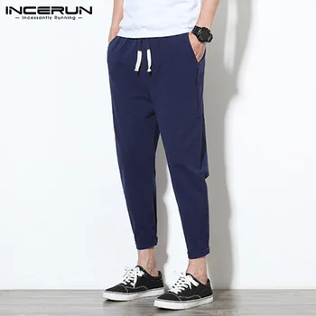 

INCERUN Summer Casual Men Pure Color Elastic Waist Drawstring Straight Pants Comfort Cotton Mens Fashion Pencil Trousers Joggers