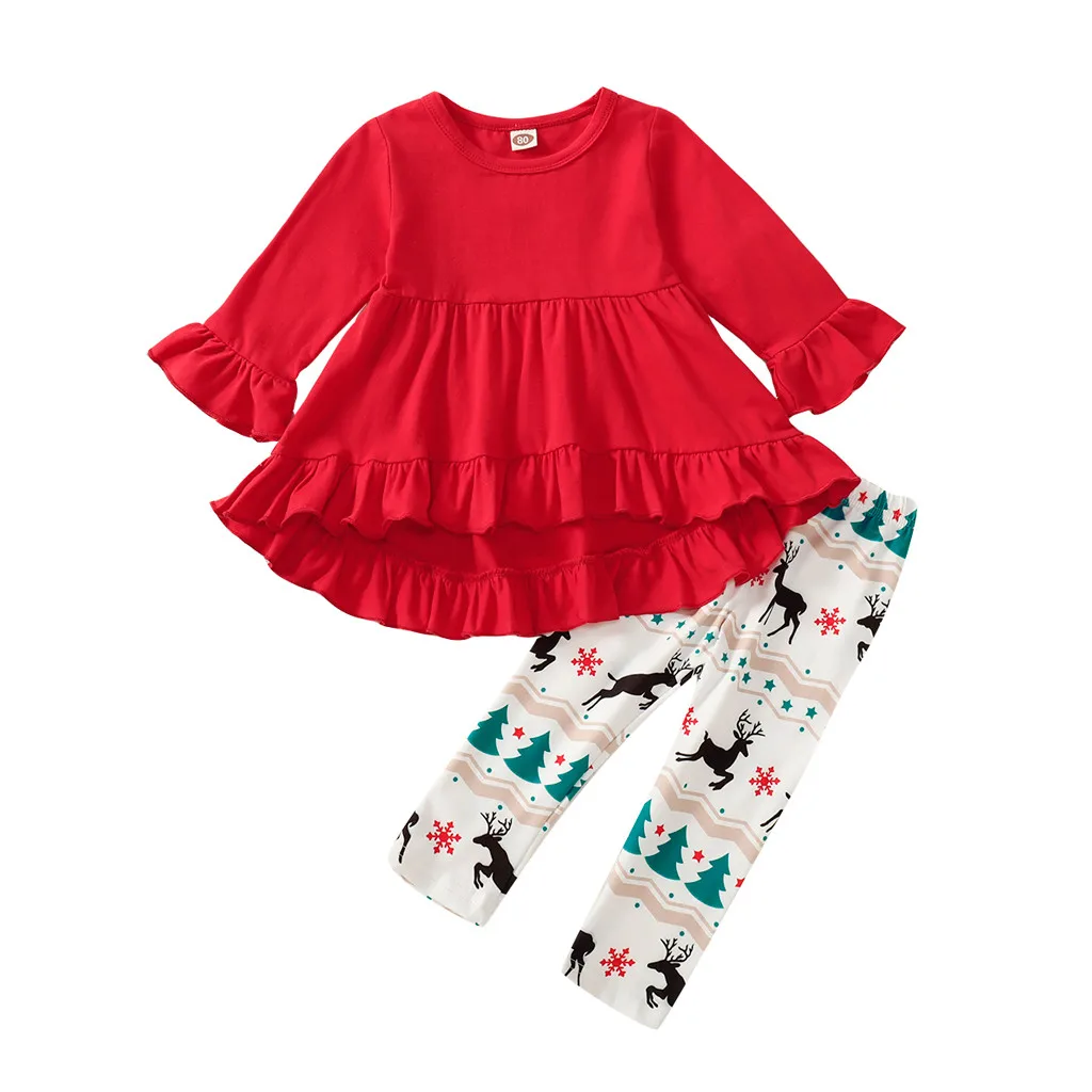 Casual New Arrival Toddler Kids Baby Girls Cartoon Deer Dress Tops Pants Christmas Xmas Outfits Set Christmas Clothes For Baby