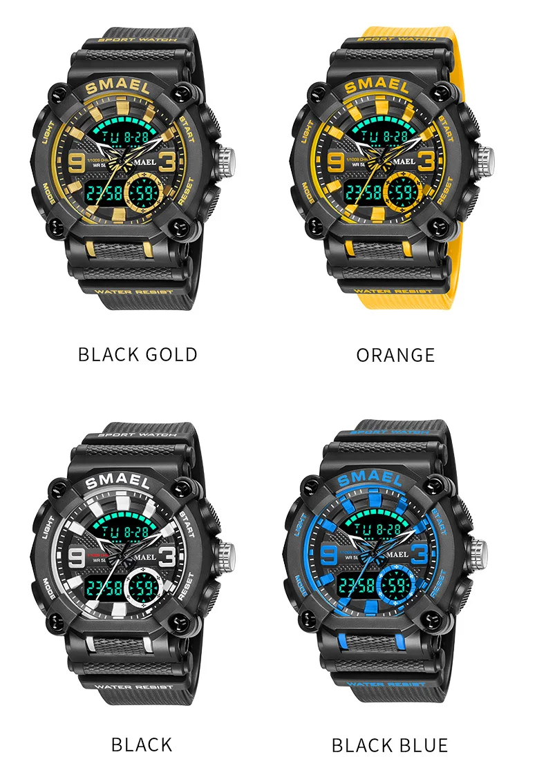 Military Watch Army Sports 50M Waterproof Big Dial Clock LED Light Week Display Quartz Wristwatch Digital 8052 Sport Watches Men