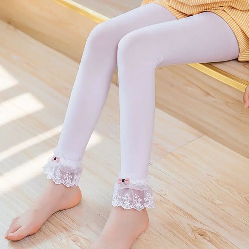 

Kids Girls Spring Summer Leggings Lace Trim Bowknot Ankle Length Pants Solid Color Elastic Princess Footless Dancing