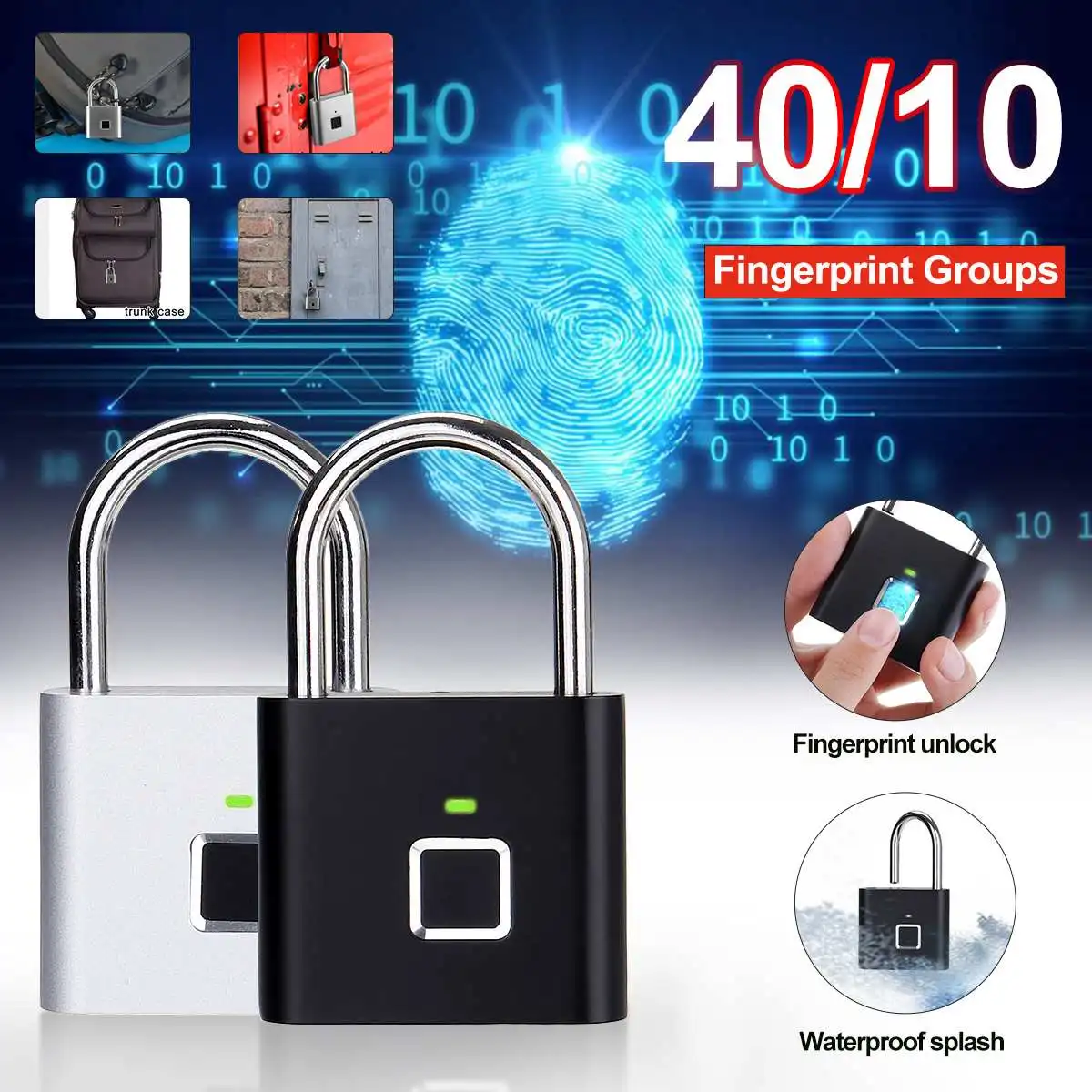 

10/40 Fingerprint Groups Thumbprint Door Padlocks Rechargeable Door Lock Fingerprint Smart Padlock Quick Unlock Keyless