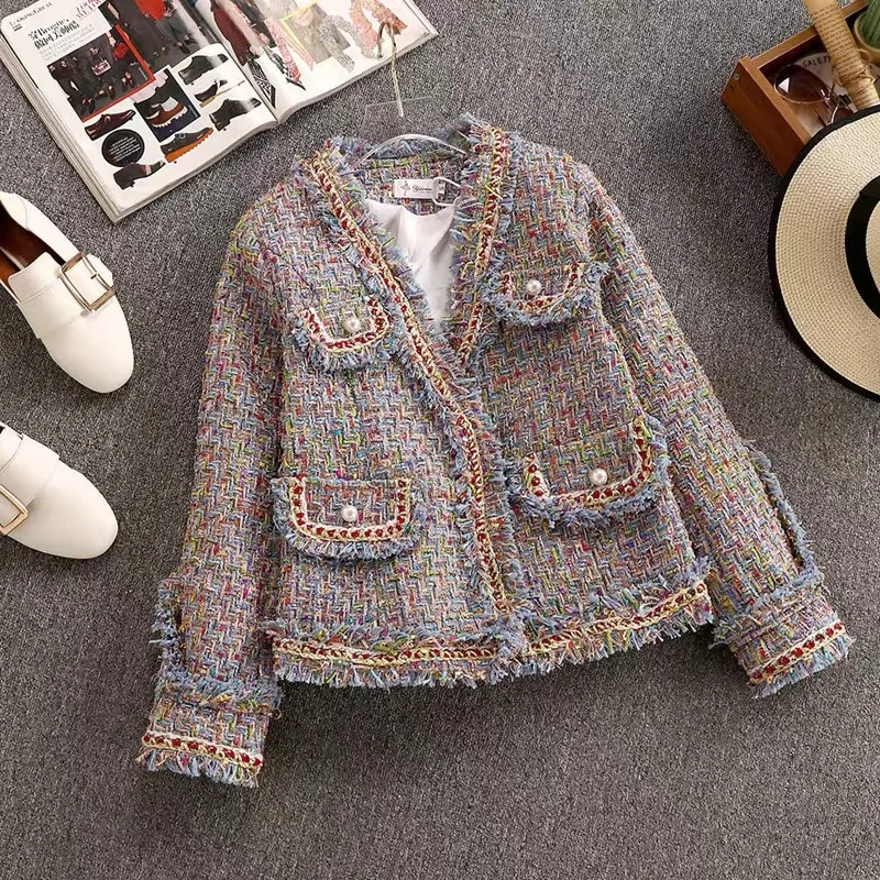 Promo Small fragrance Women Colorful Blue Pink Tweed Jacket Coat Autumn Winter V-neck Long Sleeve Pearls