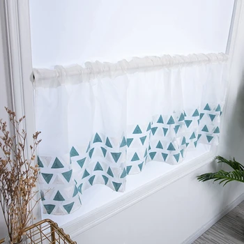 

New Rod Pocket Embroidered Blue Triangles Semi Tier Curtain, Short Curtain For Kitchen Bathroom Living Room