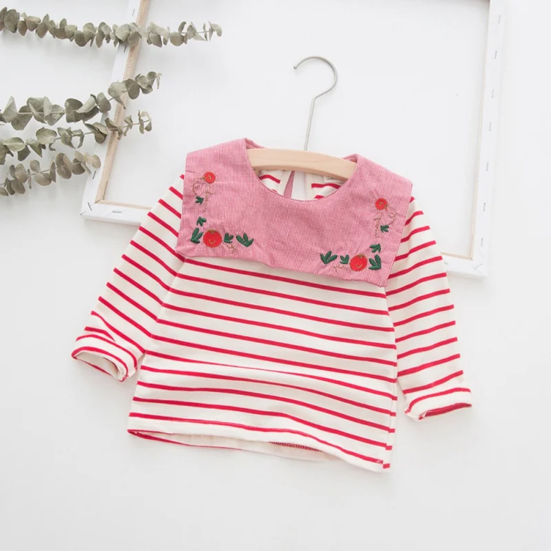 Новая модная весенняя Clothes2-9T для маленьких девочек, милая полосатая футболка с длинными рукавами и вышивкой для маленьких девочек, детская блузка