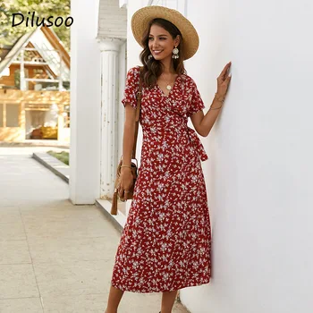 

Dilusoo Women Summer Folral Print Maxi Dress Sexy V-neck Short Sleeve Vintage Elegant Dress Ladies Holiday Bohemian Long Dresses